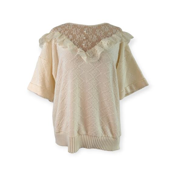 80's Yoked Lace Decolletage Knit Ruffle Sweater - Picture 1 of 5